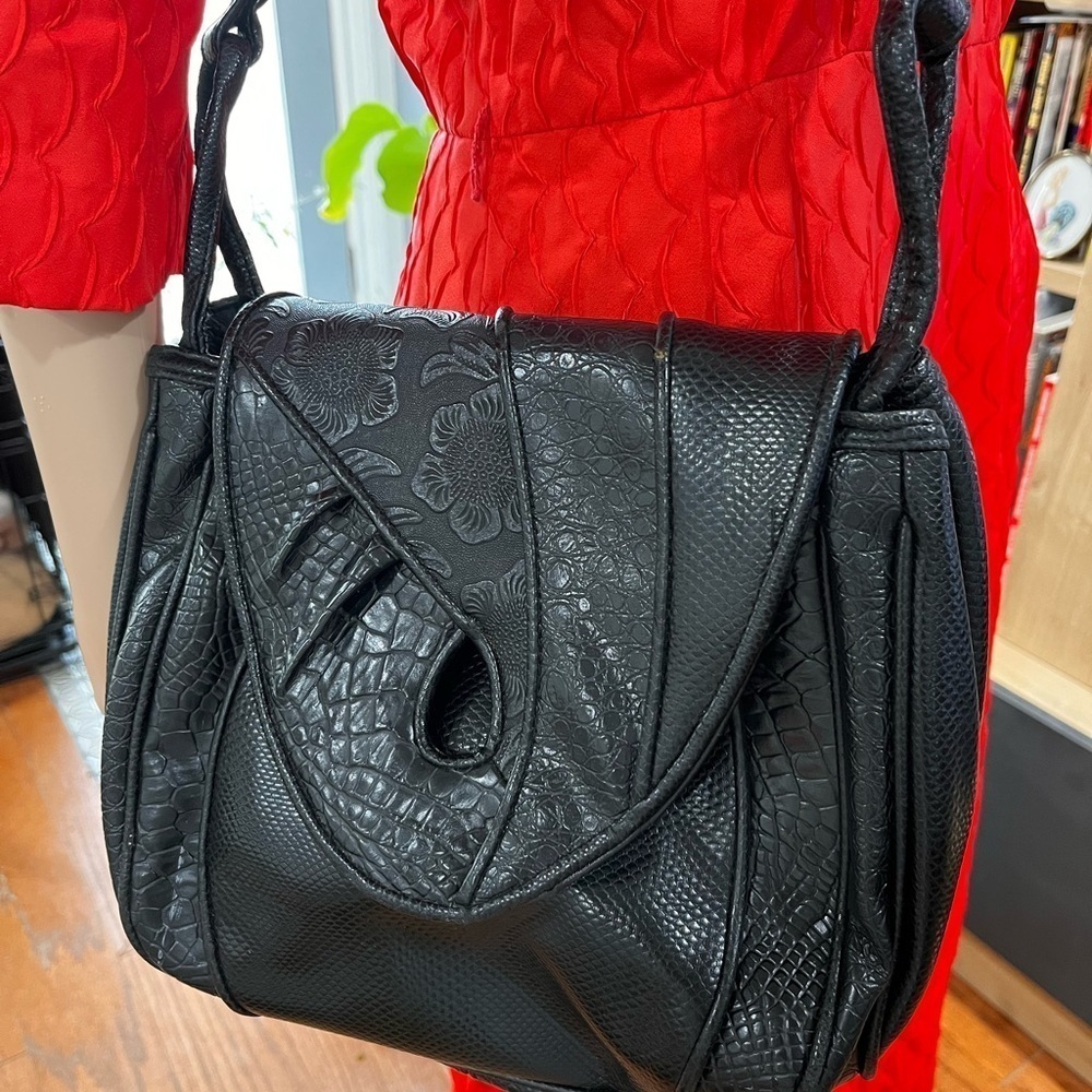 Black faux vegan leather vintage grunge embossed Textured crossbody bag Purse